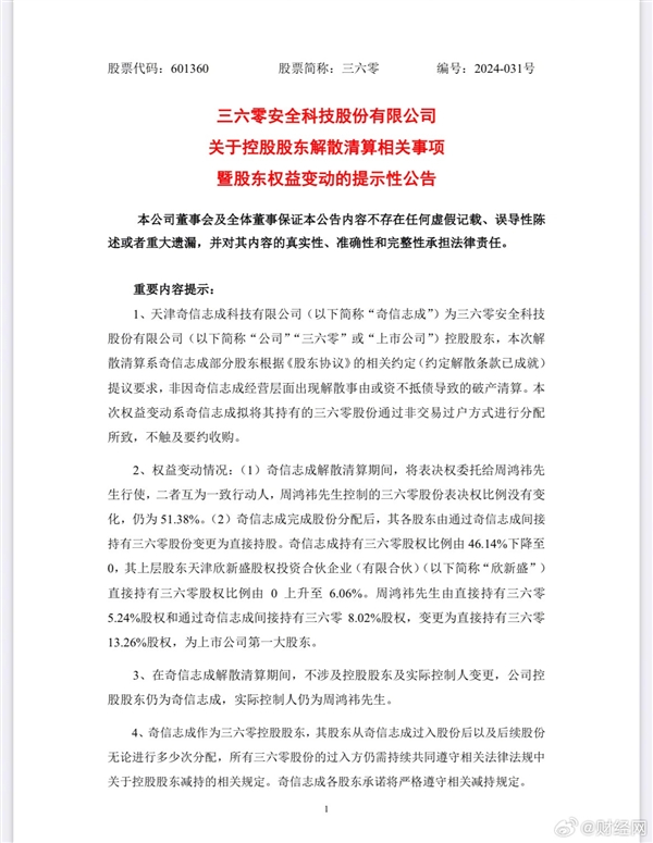 腾讯分分彩：360公告：控股股东解散清算 周鸿祎持股13.26%成最大股东